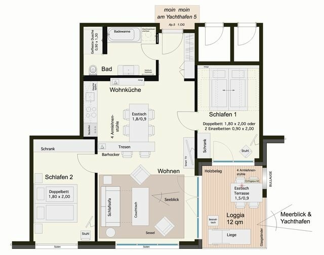 Ferienwohnung in Eckernförde - Apartmenthaus Hafenspitze Ap. 5 - "am Yachthafen 5" - Blickrichtung offenes Meer/Strandpromenade - Bild 7